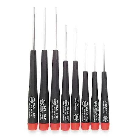 Eight-piece SAE hex precision screwdriver set with satin chrome shafts and black handles
