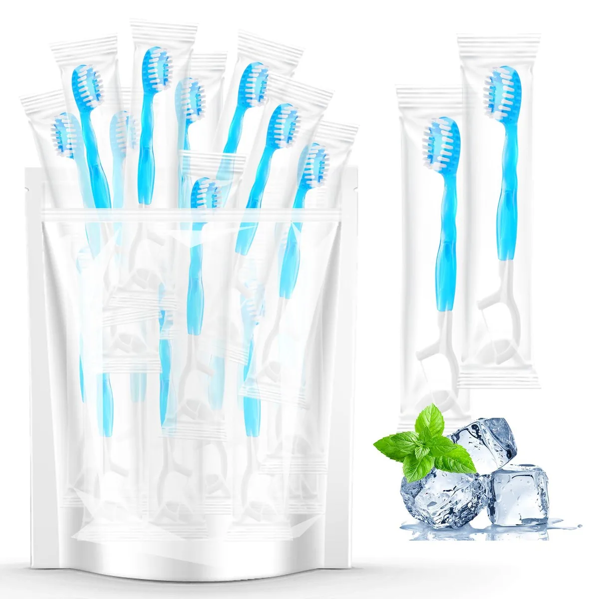 Forty blue disposable mini toothbrushes in individual wrappers