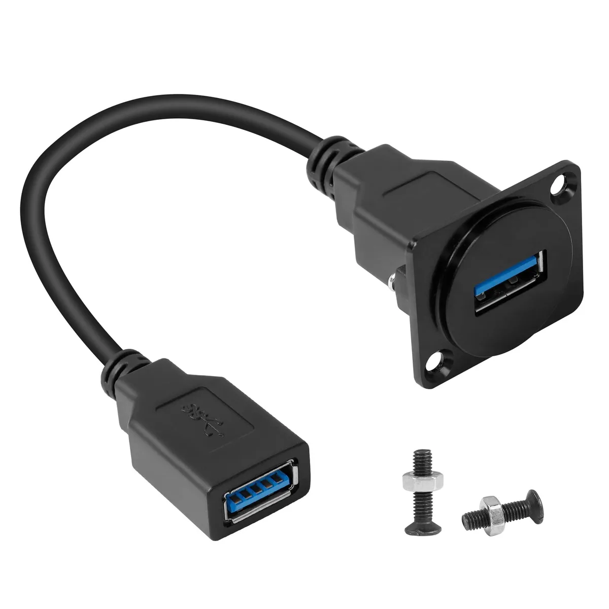 Black zinc-alloy USB 3.0 female-to-female panel mount adapter with 25cm cable, XLR-panel fit