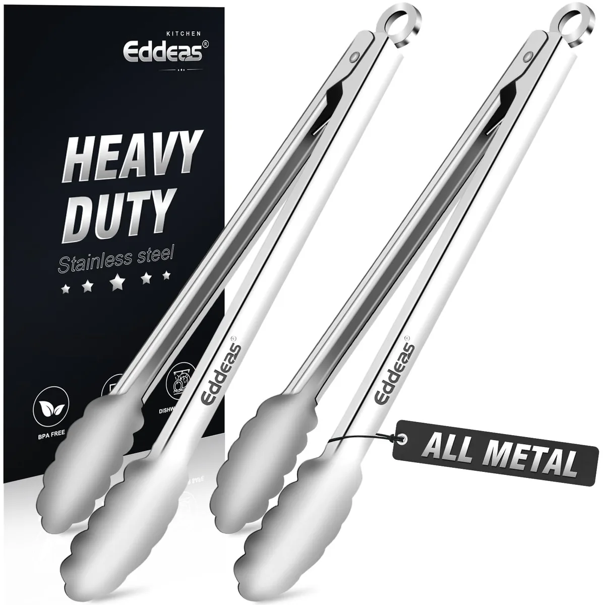 Two stainless steel 12 inch tongs with non-slip handles and locking ring
