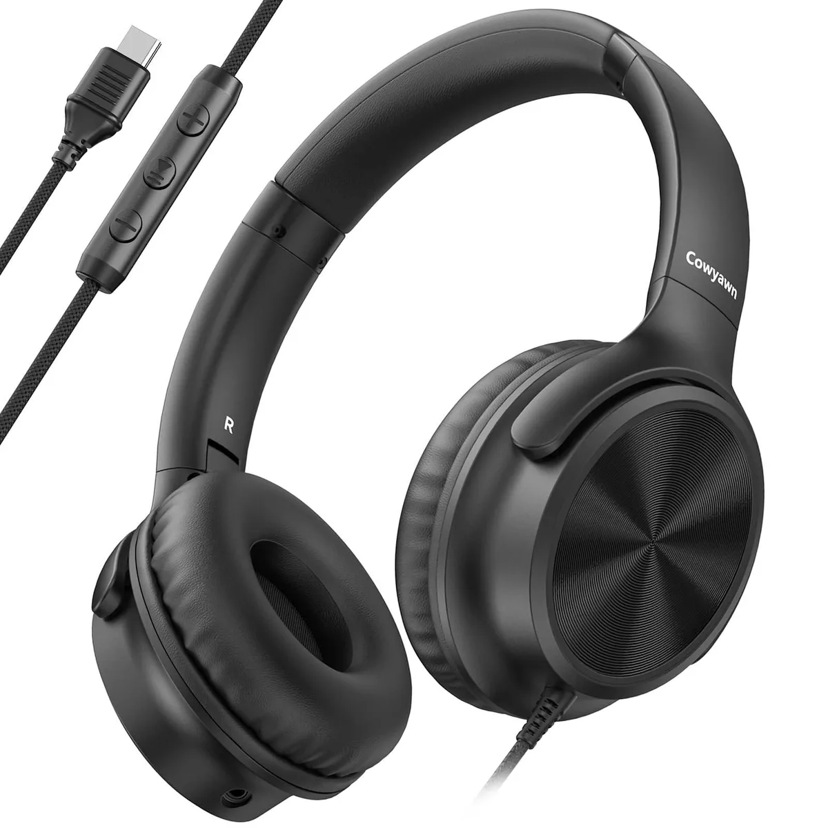 Black over-ear headphones with USB-C cable, foldable design, inline controls and microphone