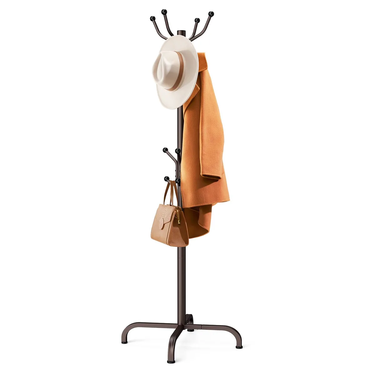 Freestanding metal coat rack with 14 ball-end hooks on four poles, four-point base