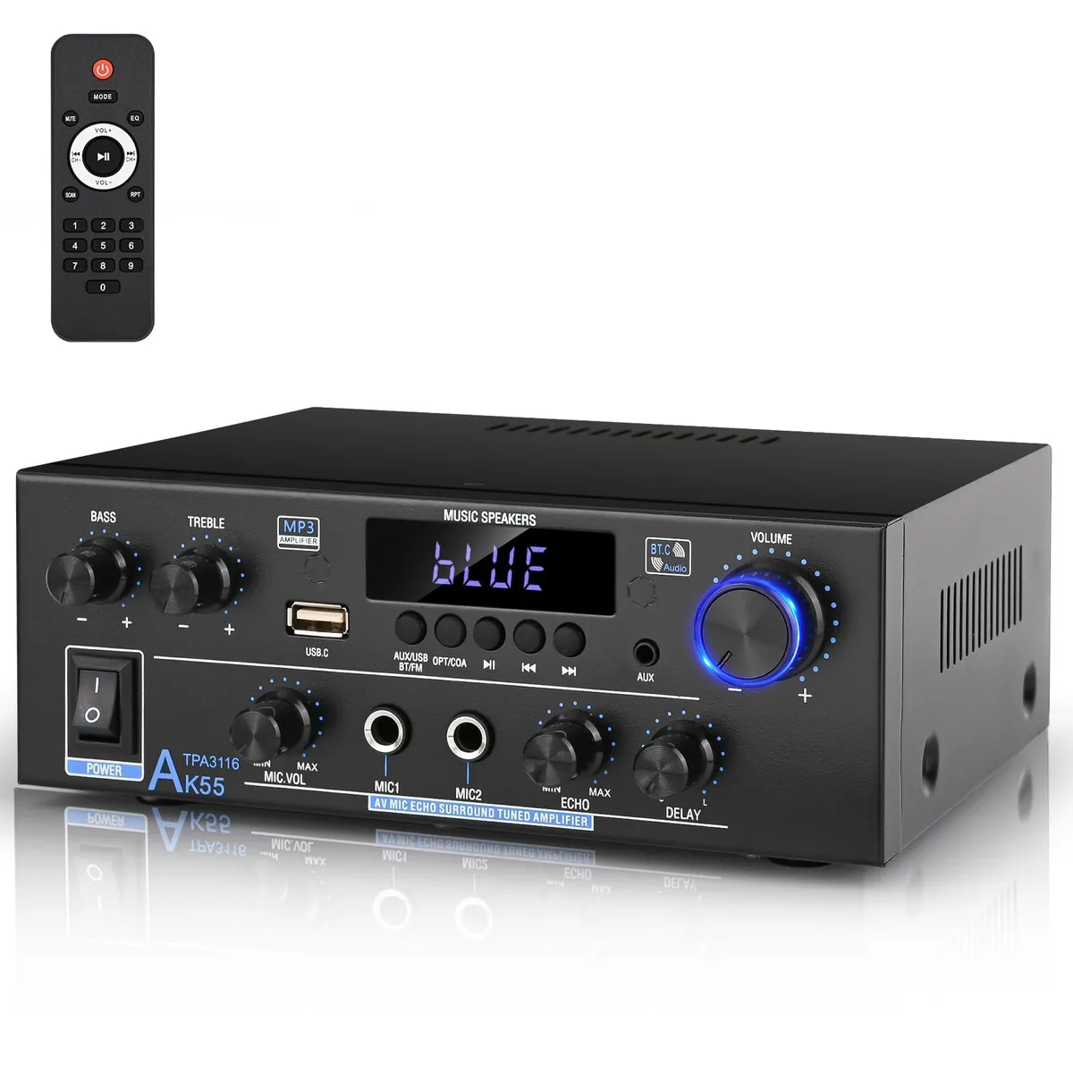 Compact black stereo receiver with front knobs and multiple rear ports