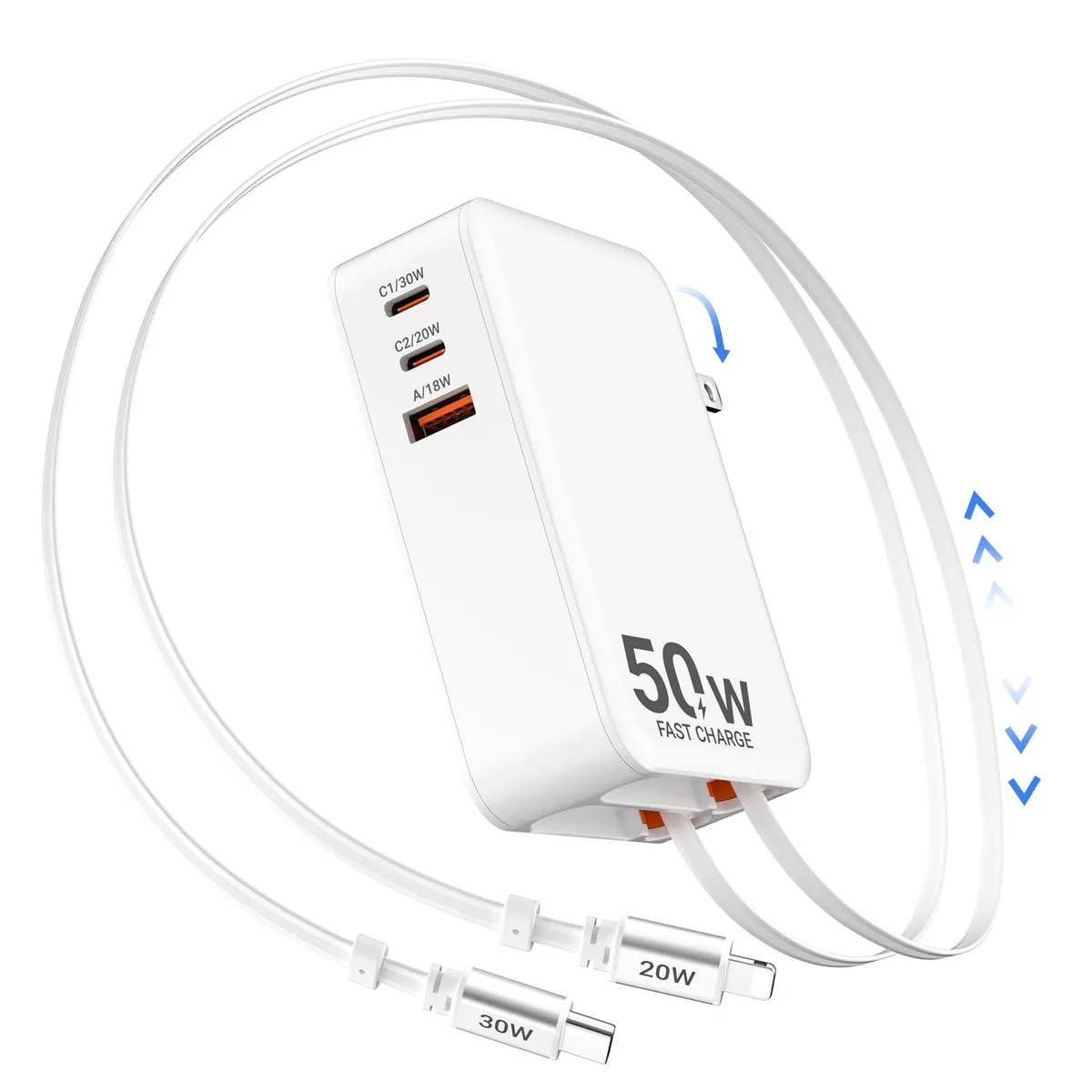 No Sew No Sew REWA5P 50W 5-in-1 retractable USB charger with dual cables 100cm — product photo