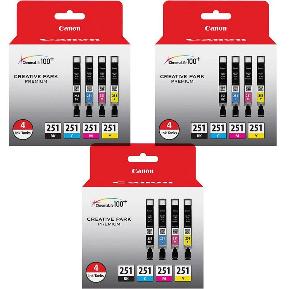 Three sealed boxes each holding four Canon CLI-251 ink tanks in black, cyan, magenta and yellow