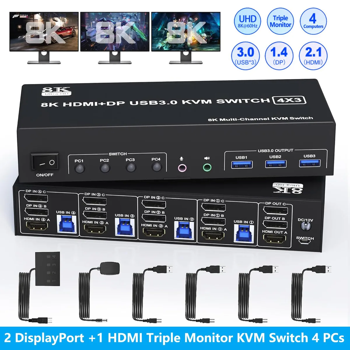 SMA SMA 403HDD 4-Port Triple Monitor KVM Switch 2 DP + 1 HDMI 8K@60Hz — product photo