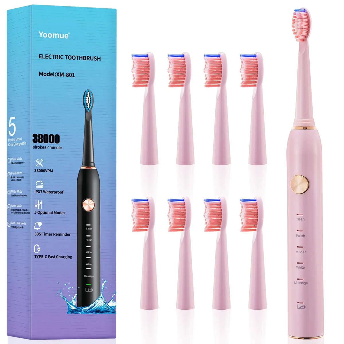Pink sonic electric toothbrush with white handle and multiple brush heads