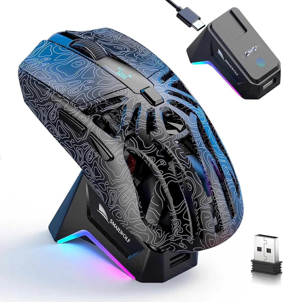 Hitoor Hitoor M8 Gaming Mouse 72g PAW3311 12000 DPI RGB Magnetic Dock Tri-Mode Black — product photo