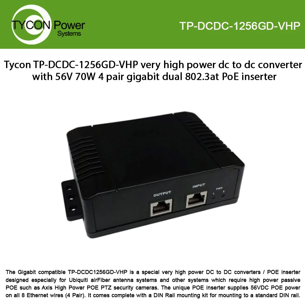 Tycon Power Systems Tycon Power Systems TP-DCDC-1256GD-VHP 56V 70W 4 Pair Gigabit Dual 802.3at PoE Inserter — product photo