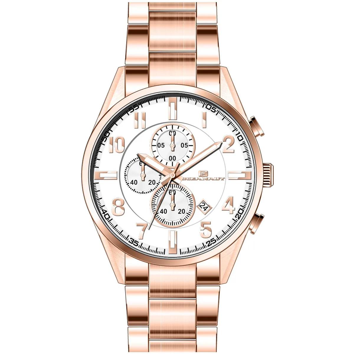 Silver stainless steel chronograph watch on matching bracelet, white dial with sub-dials