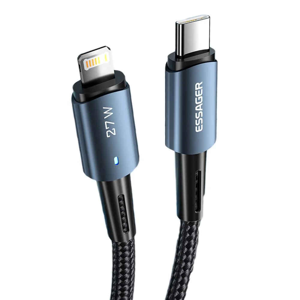 Blue braided USB-C to Lightning cable with aluminium alloy connectors, 10ft length