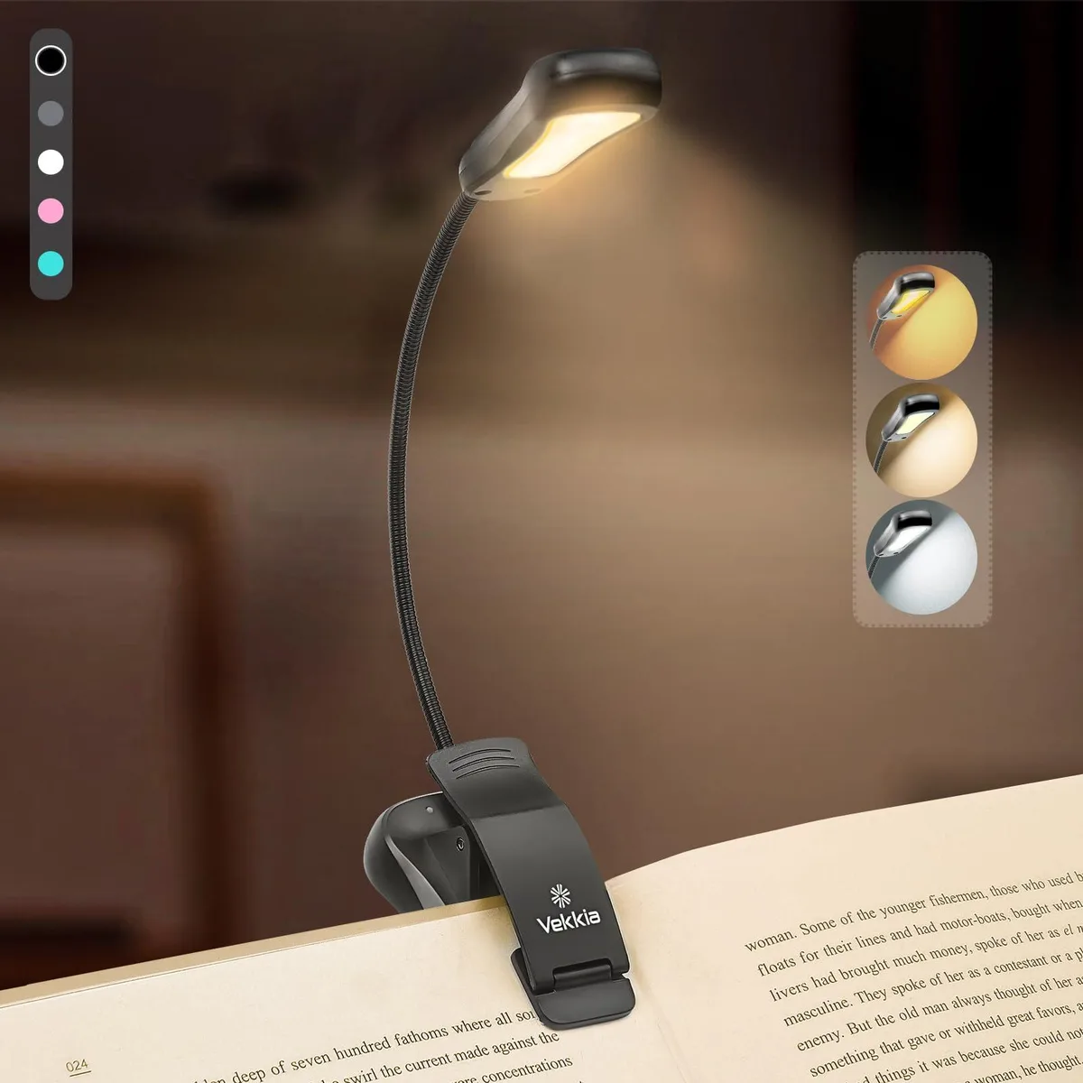 Black clip-on book light with flexible neck and USB-C charging cable