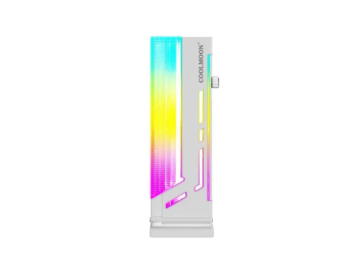 White aluminium GPU support bracket with ARGB light guide, adjustable height, 5V 3-pin connector