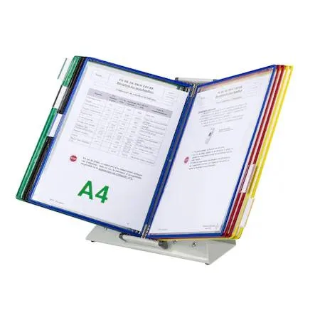 Desktop display unit with ten assorted colour A4 pockets on a transparent base