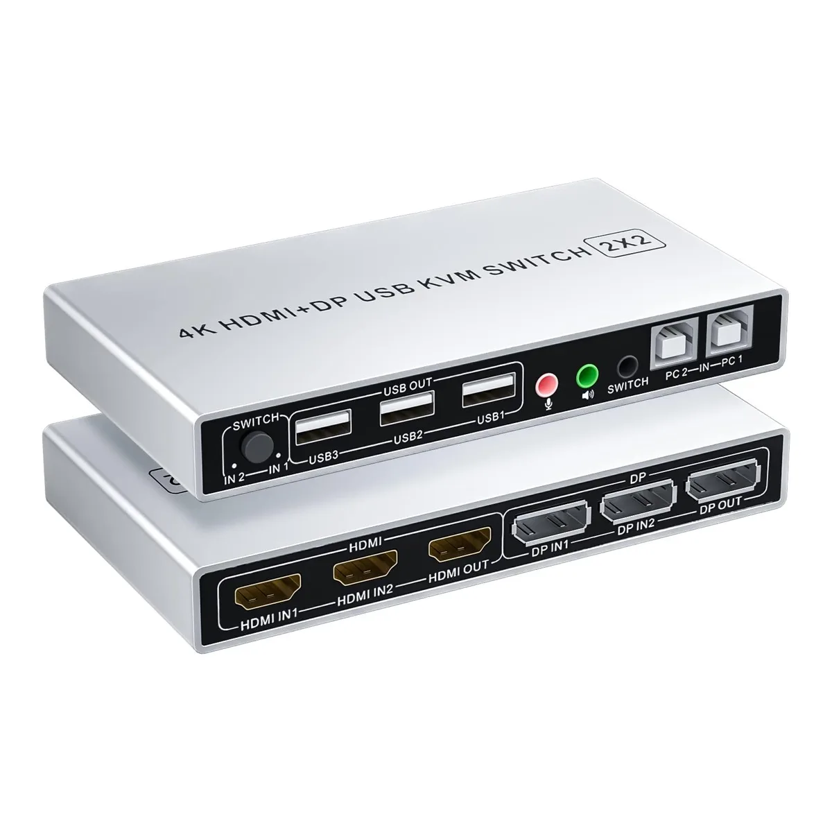 Silver compact KVM switch with HDMI and DisplayPort connectors, touch control button, and wired remote