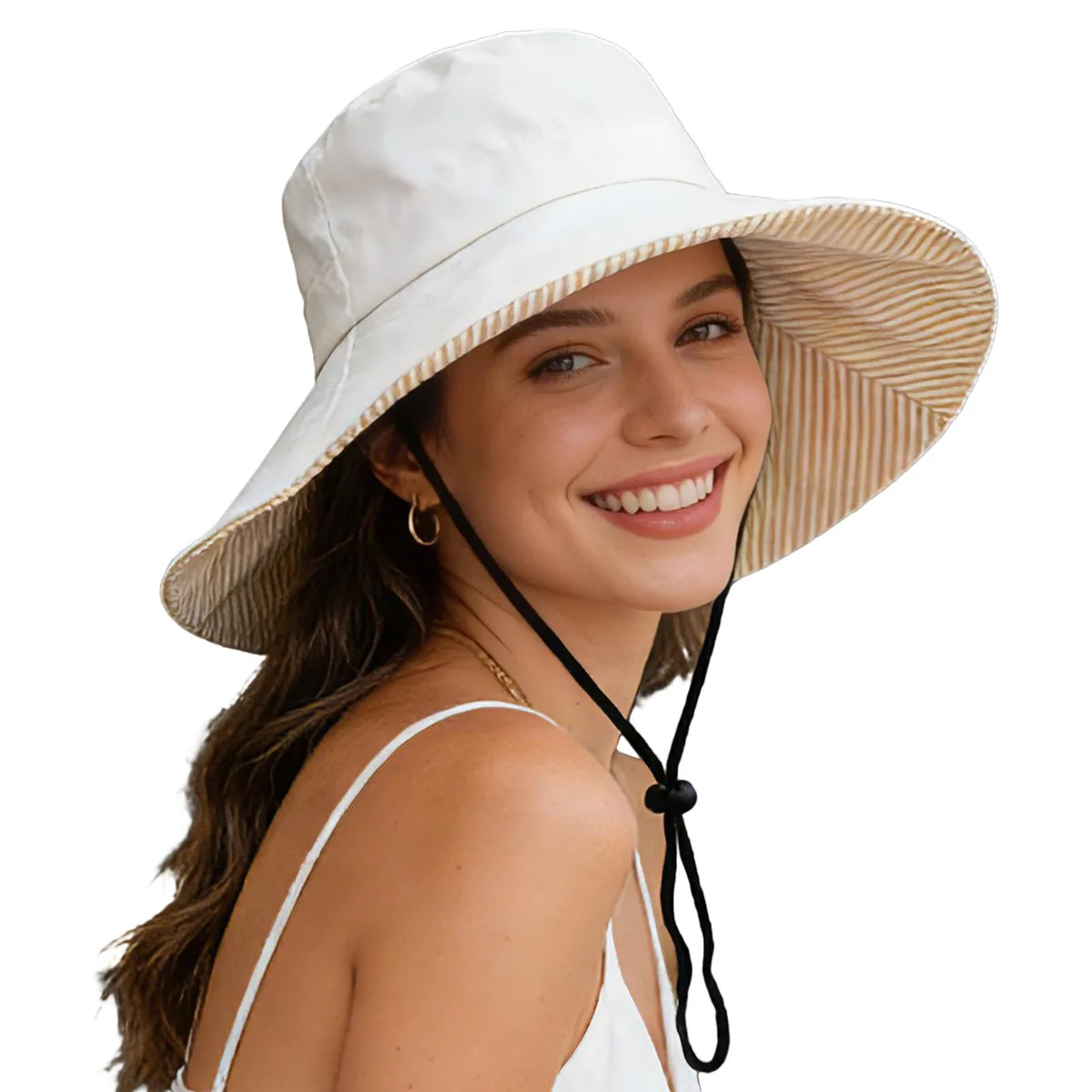 Black foldable wide-brim sun hat with striped interior and adjustable chin strap