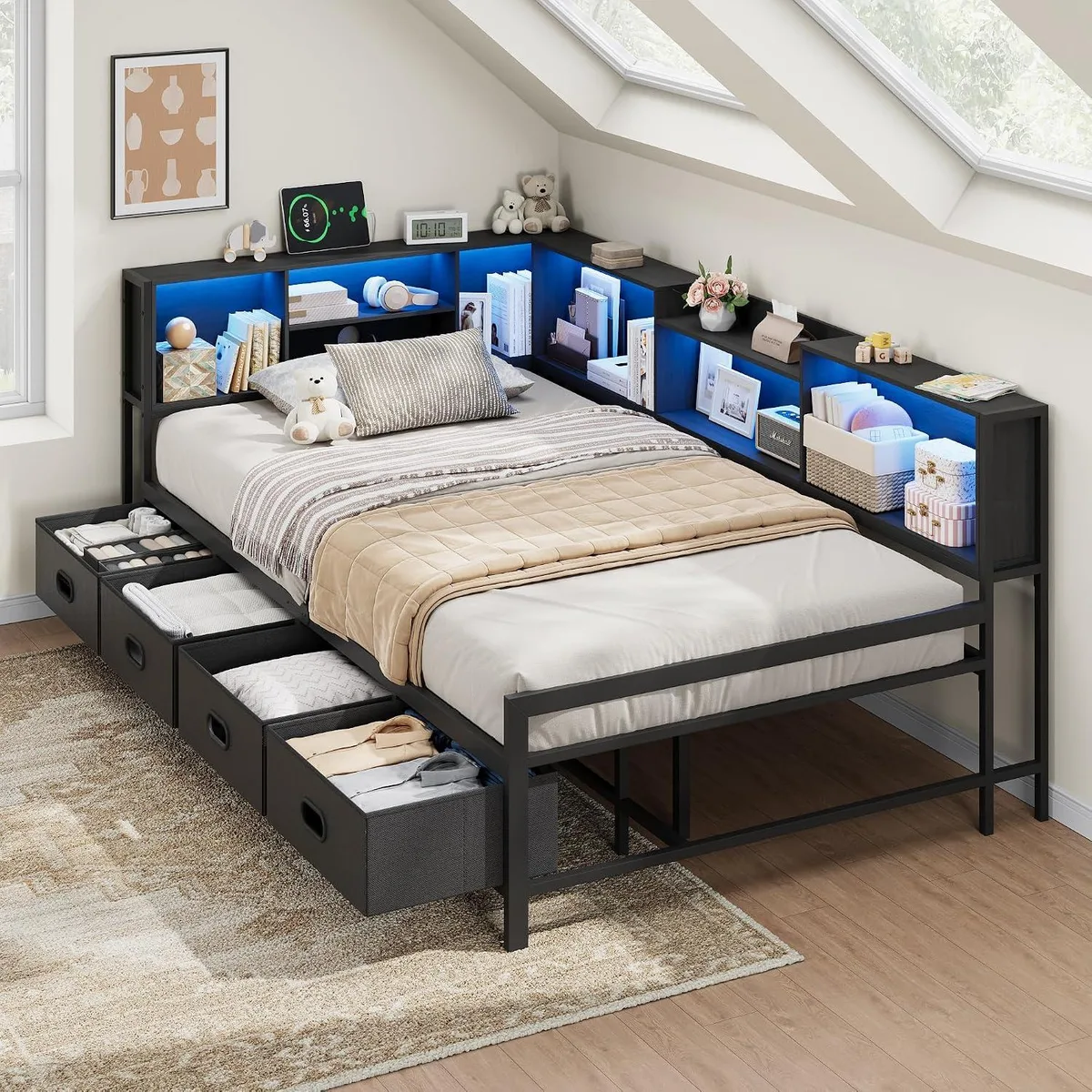 BFKK BFKK Twin Corner Bed Frame with LED, 8 Cubbies & 4 Drawers, Black — product photo