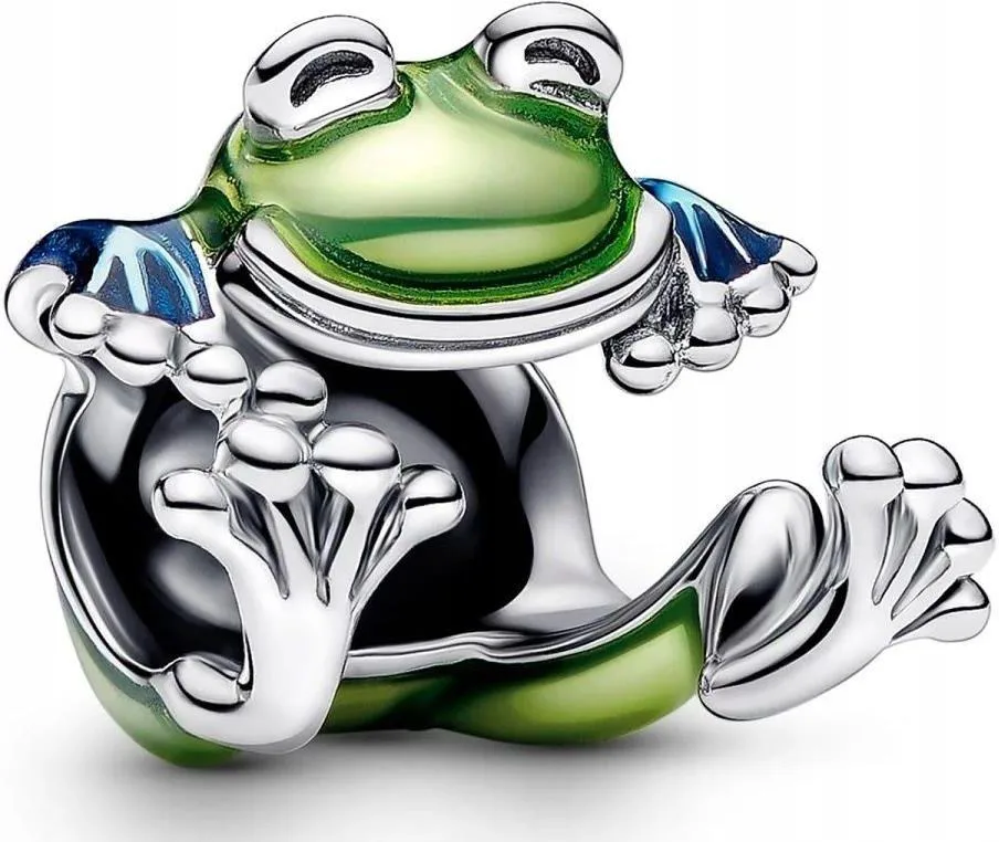 Small sterling silver frog charm in climbing pose with green-blue enamel body and engraved details