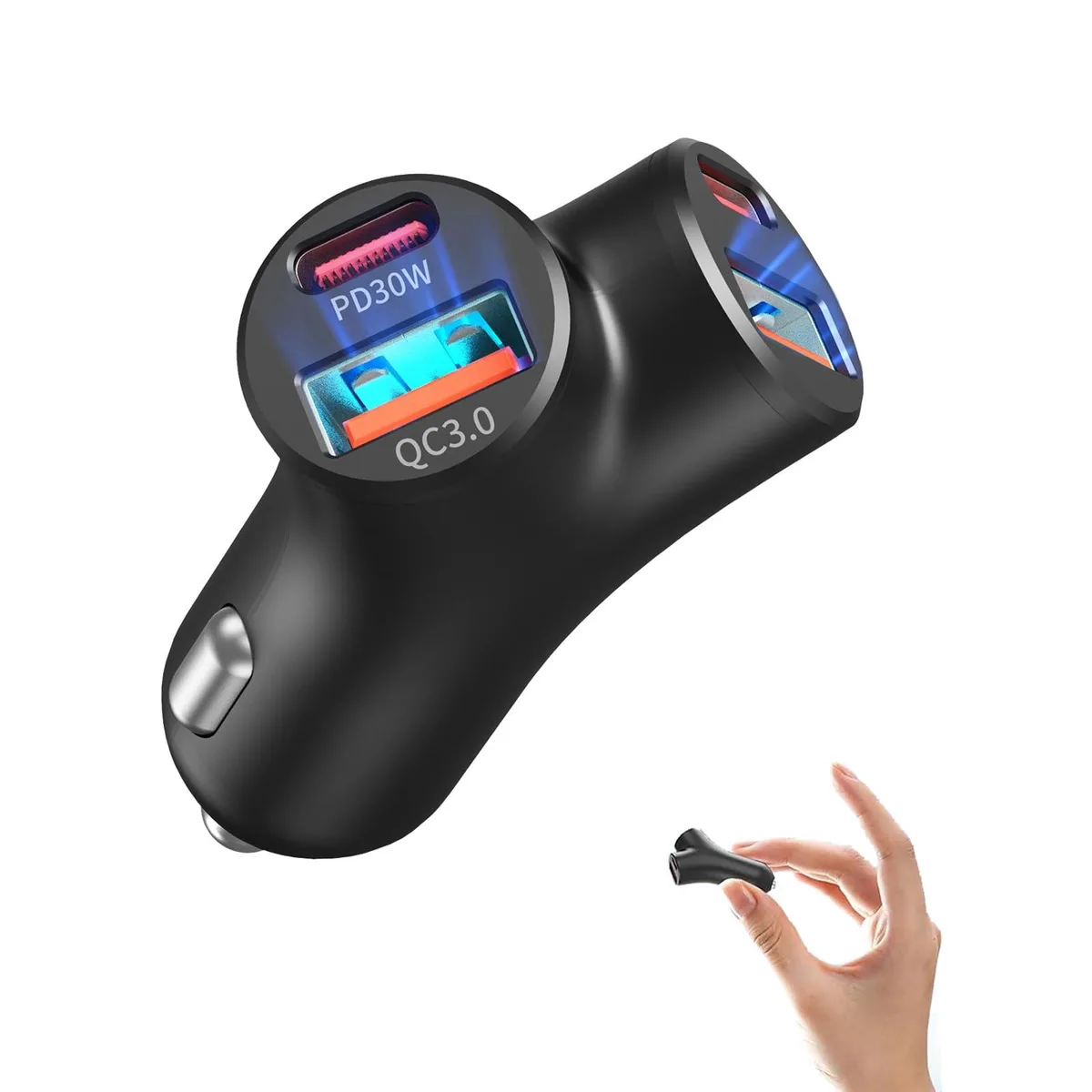 Small black car charger with four USB ports and blue LED light