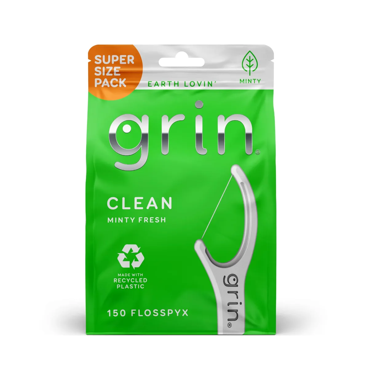 Green rectangular box containing 150 mint floss picks made from recycled plastic