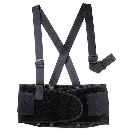 Black elastic back support with detachable suspenders and hook-and-loop closure