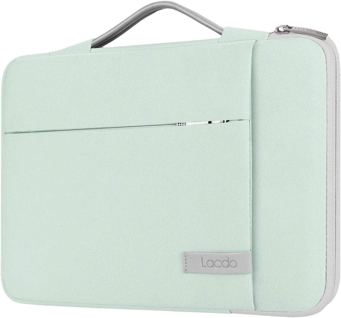 Blue polyester laptop sleeve with front zip pockets and leather handle