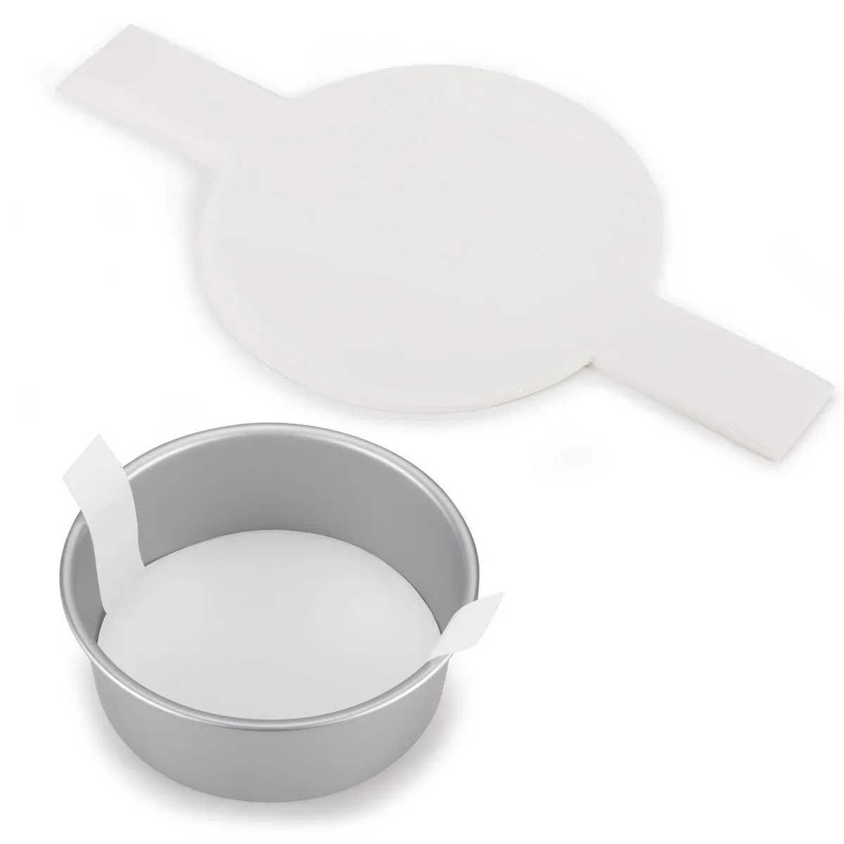 Stack of 100 round white parchment liners with small lift tabs
