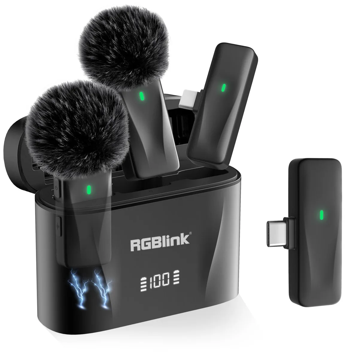 Two small black clip-on transmitters and a USB-C receiver in a charging case