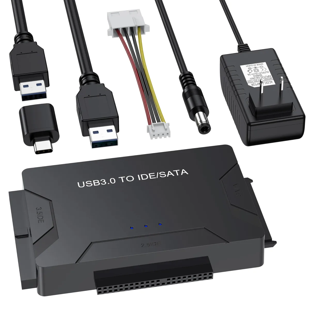 Black rectangular adapter with USB 3.0 and Type-C ports, SATA and IDE connectors, 12V power input, compact plastic housing
