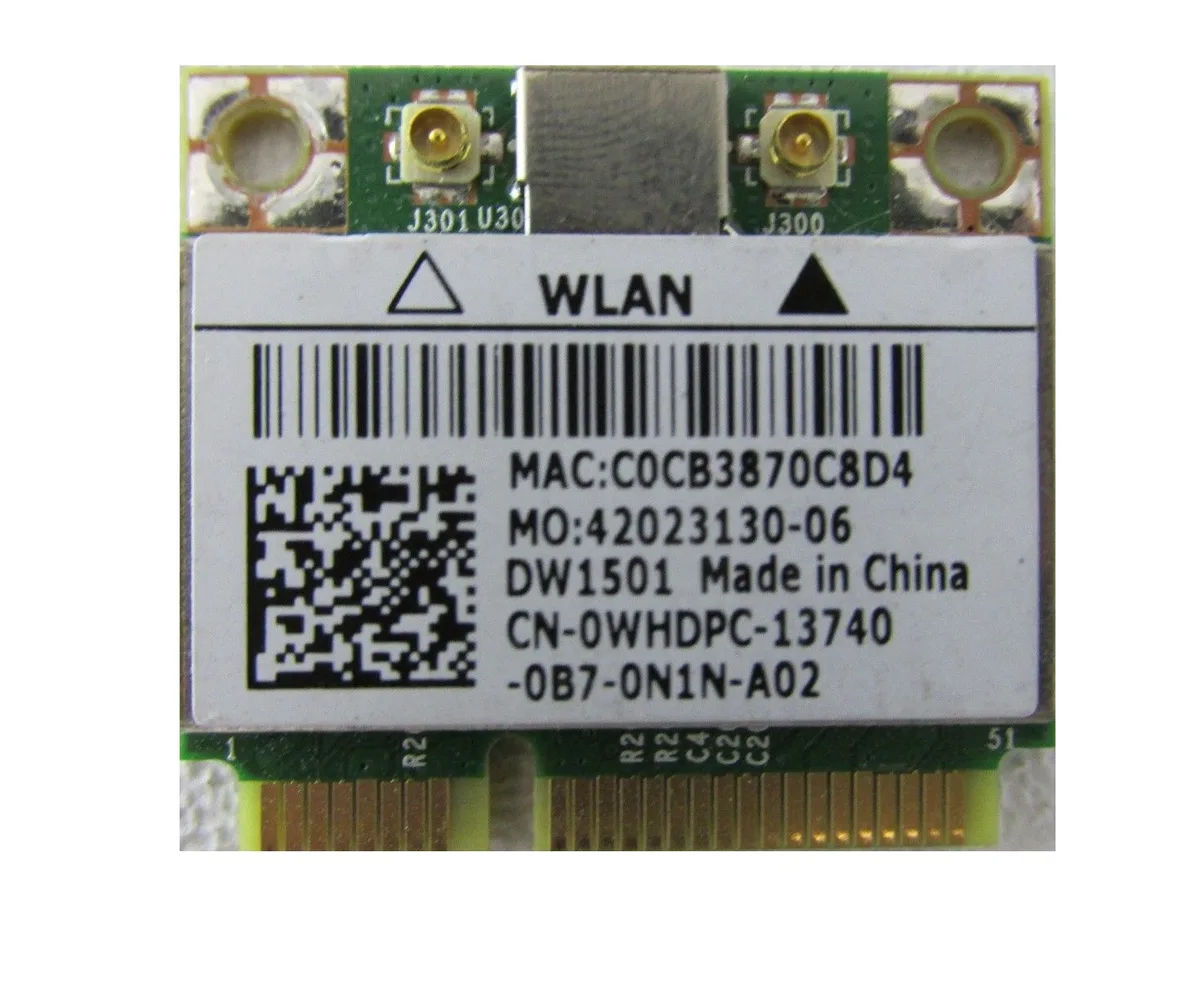 Small green M.2 circuit board with gold edge connector and black antenna sockets