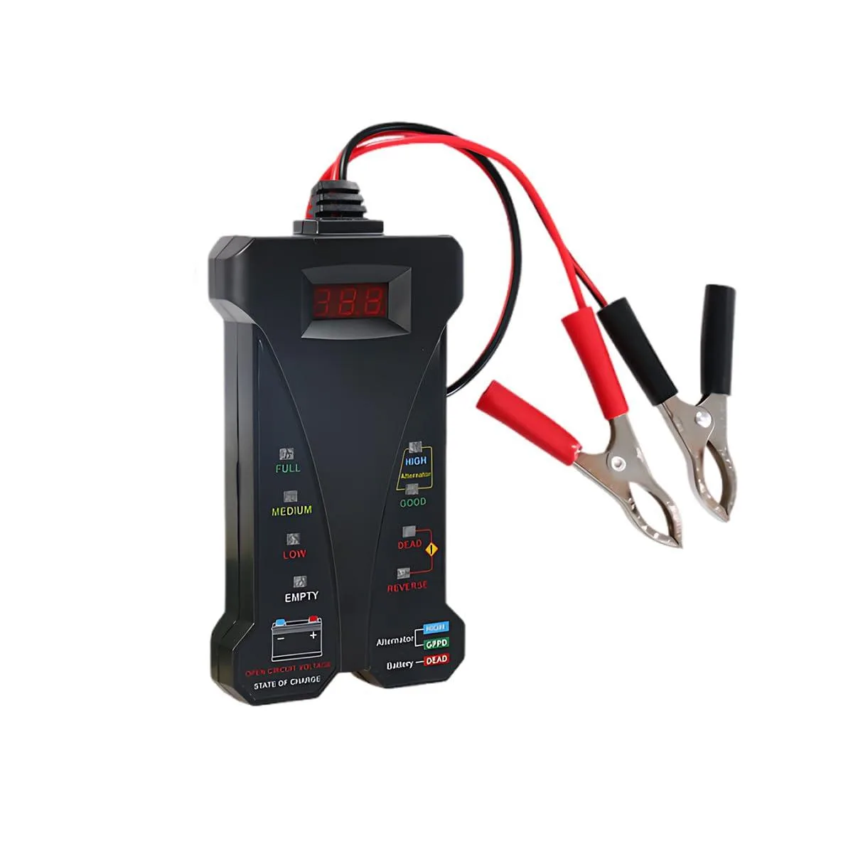 Black plastic rectangular 12V battery tester with LCD display LED indicators and red black test leads measuring 4.72 by 2.75 inches
