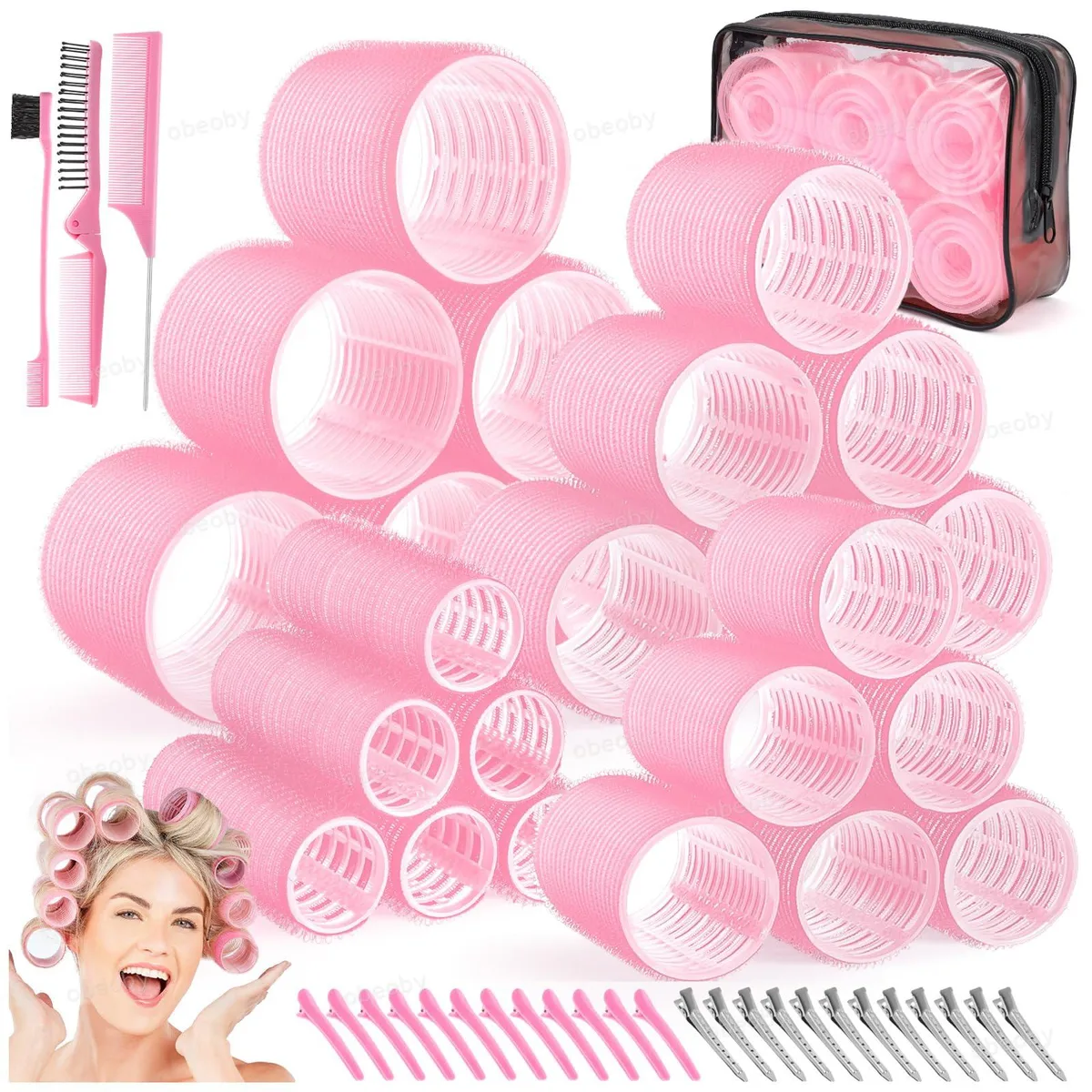Pink self-grip hair rollers with clips in storage bag