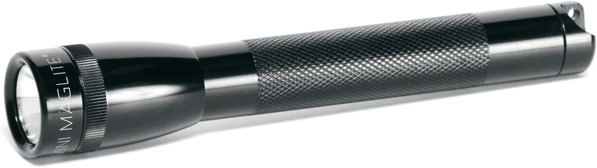 Black anodized aluminum mini flashlight with twist head and belt holster