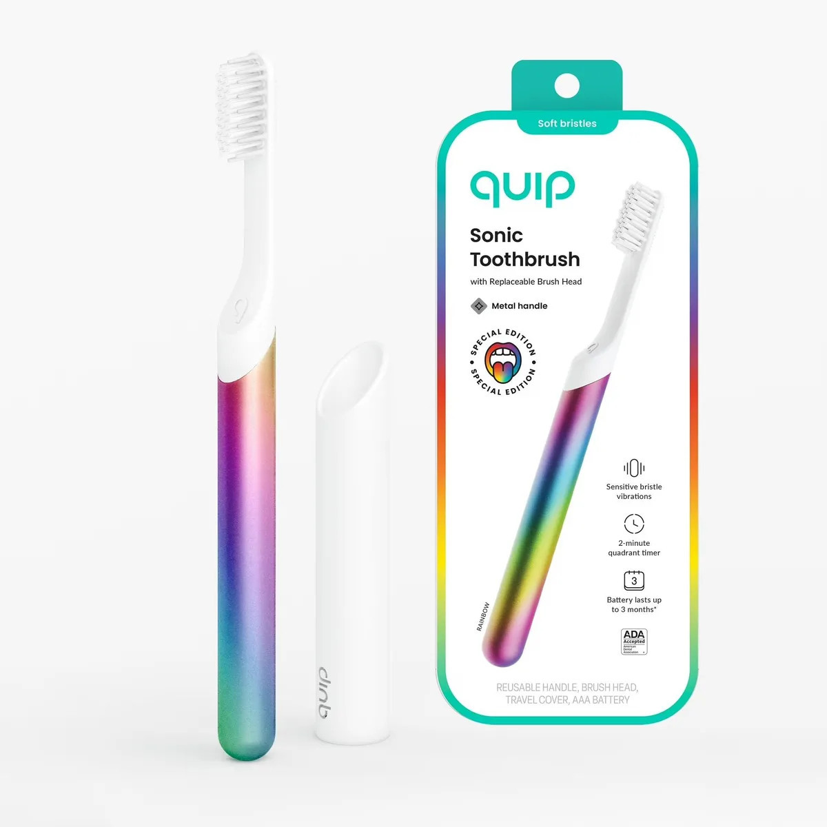Metal sonic electric toothbrush in rainbow finish with travel case and replacement head