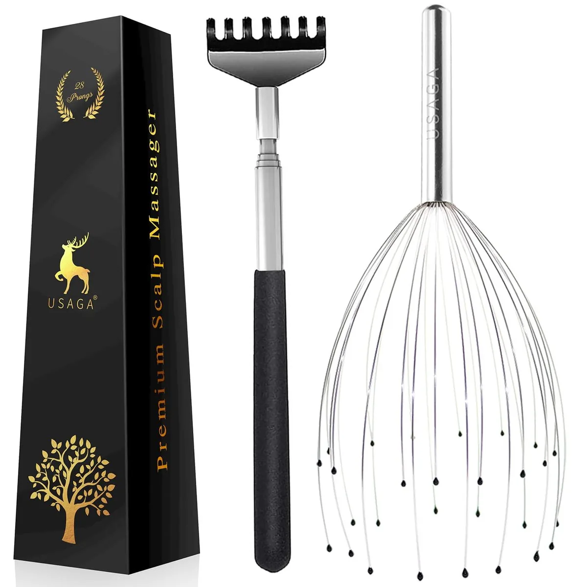 Silver extendable head massager with 28 stainless steel prongs in two tiers