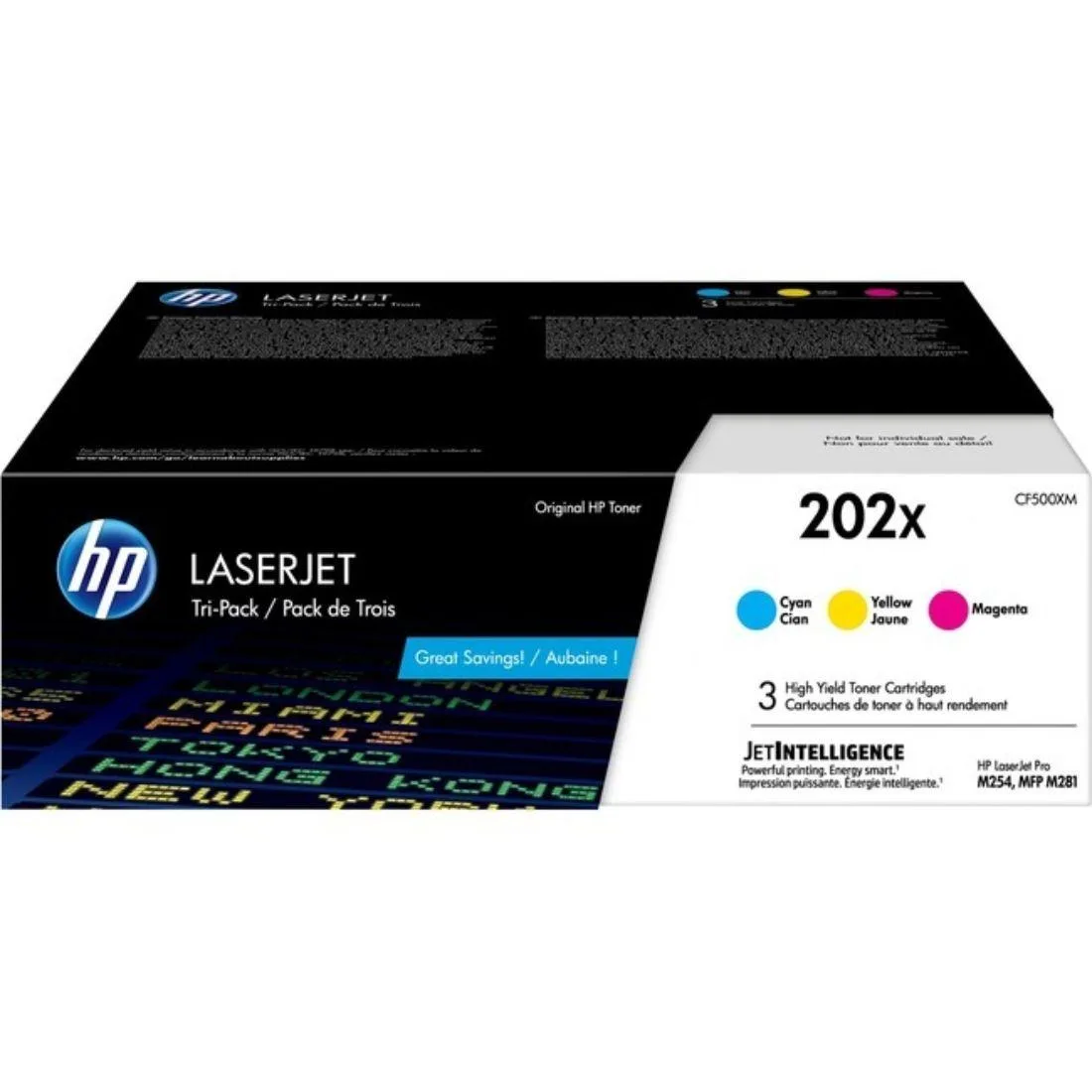 HP HP CF500XM 202X 3-pack High Yield Cyan/Magenta/Yellow toner cartridges (genuine brands) — product photo