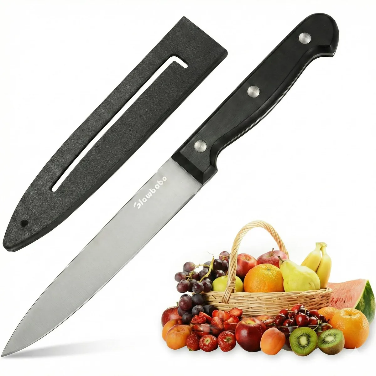Black 5-inch paring knife with triple-rivet plastic handle and sheath