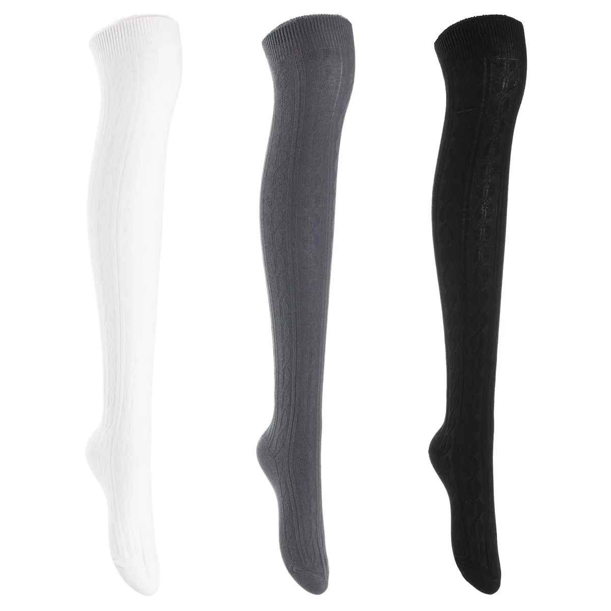 Three pairs of thigh-high cotton socks in black, dark grey and cream white, folded together