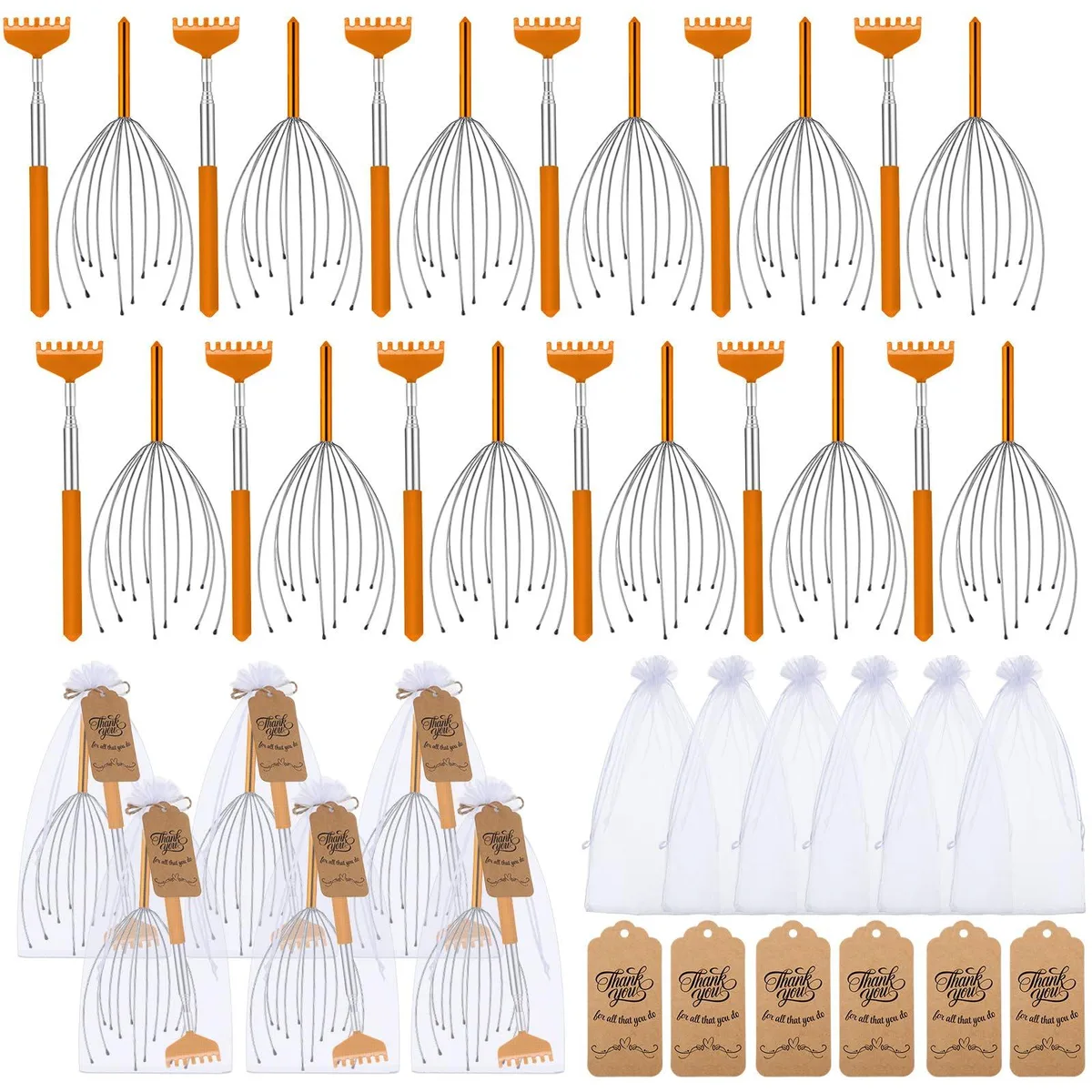 Twelve orange scalp massagers and twelve retractable back scratchers with gift bags and cards