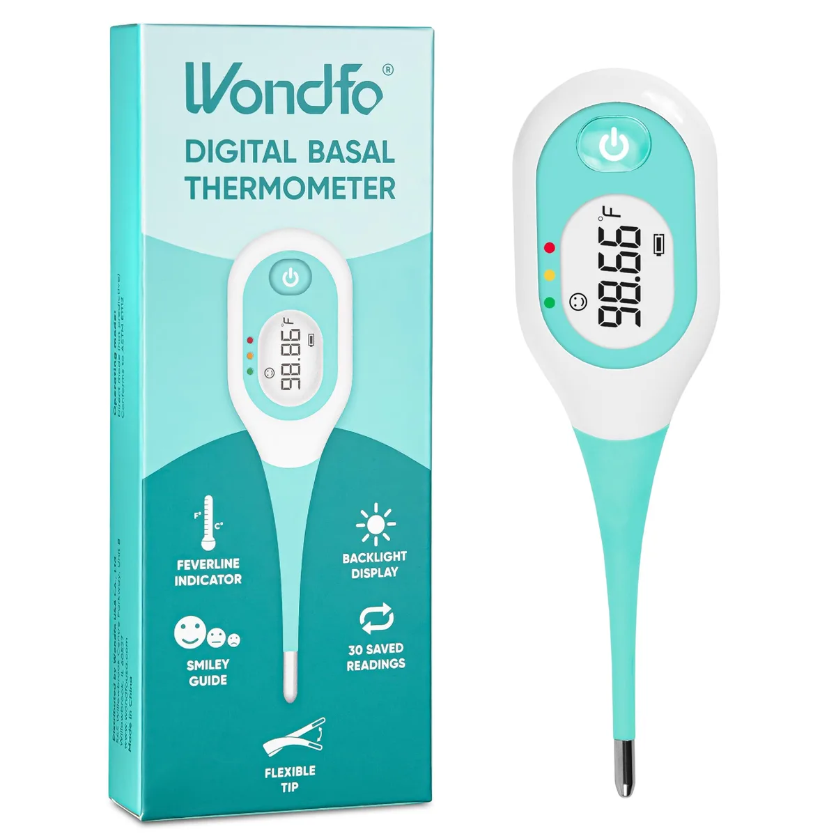 Soft teal basal thermometer with flexible tip and face indicator display