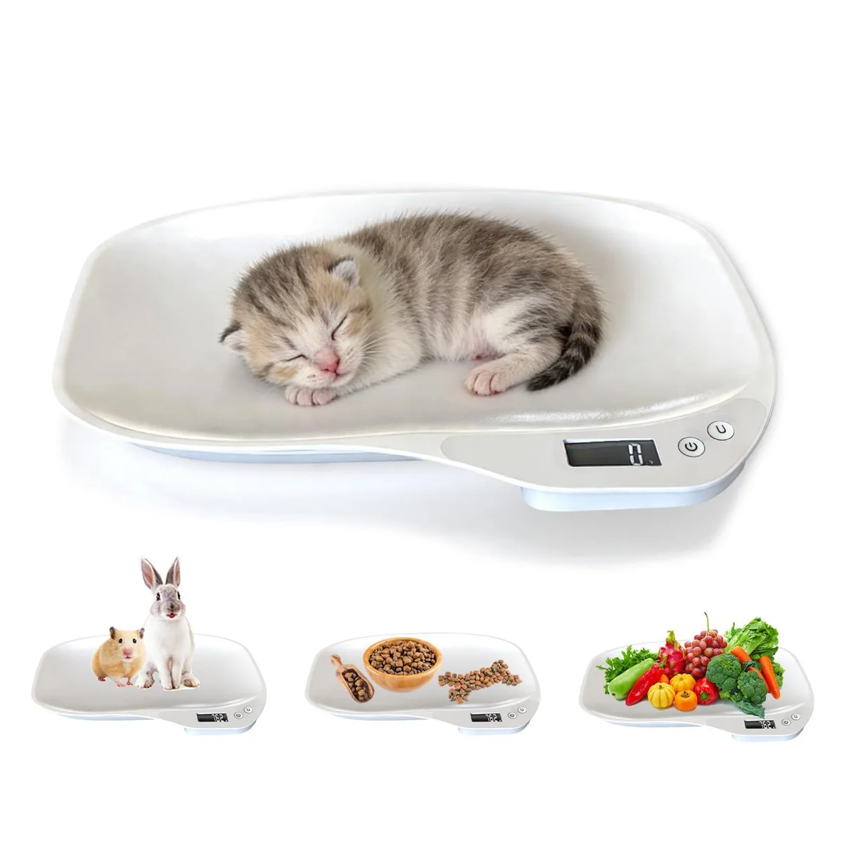 White rectangular digital pet scale 14 by 10 inches with backlit display and non-slip feet