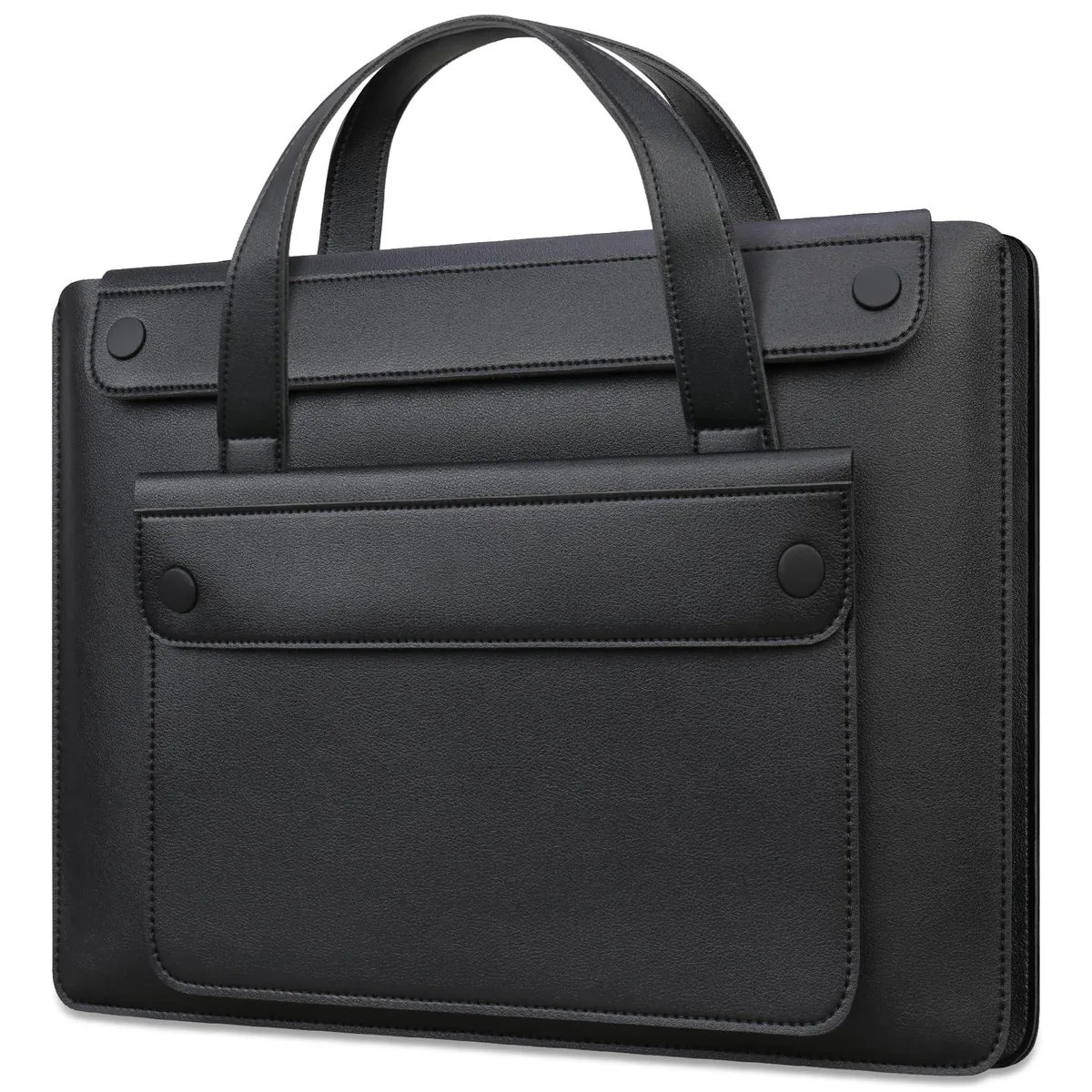 Black faux-leather laptop sleeve with handle and snap-velcro closures