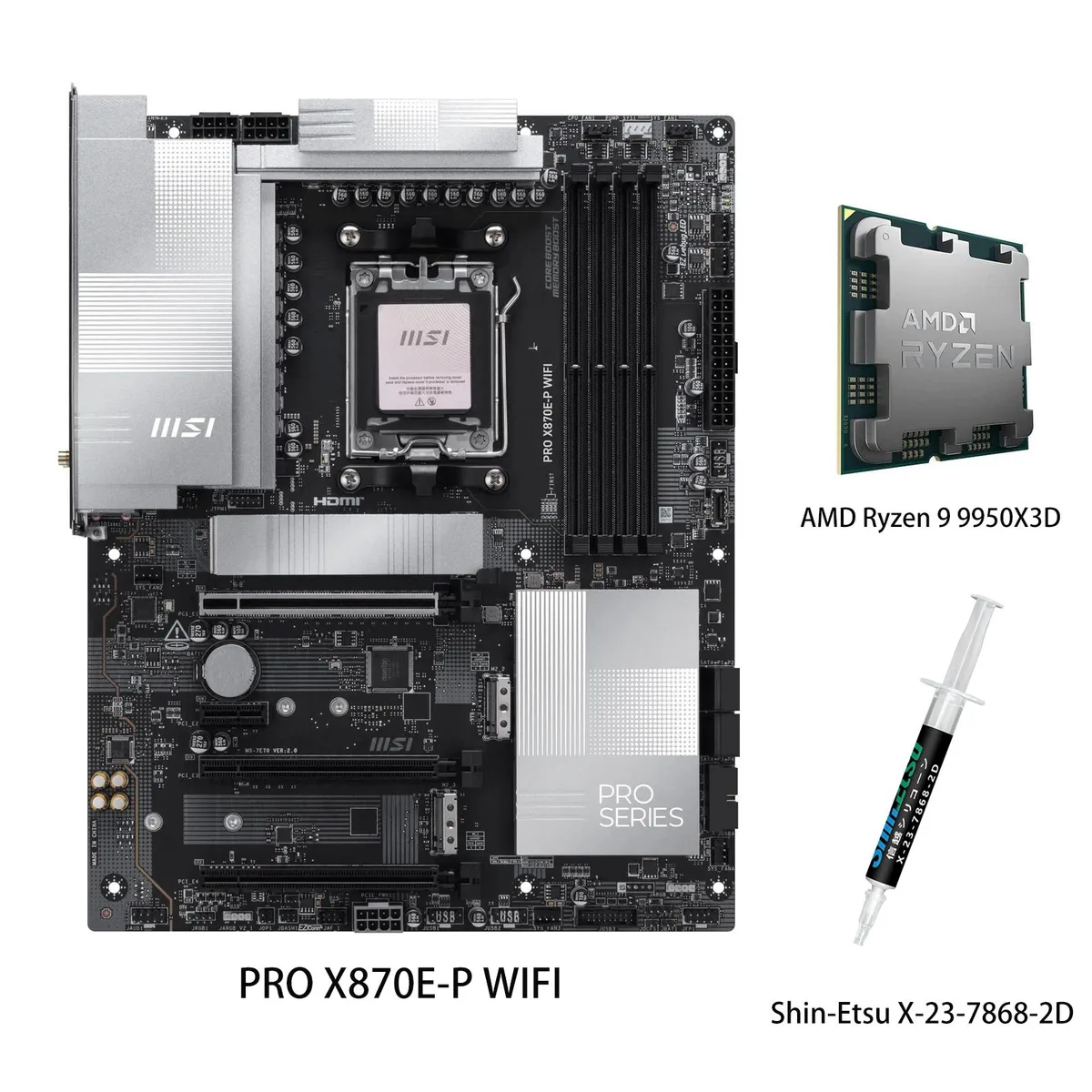 MSI MSI PRO X870E-P WIFI + Ryzen 9 9950X3D AM5 motherboard CPU combo — product photo