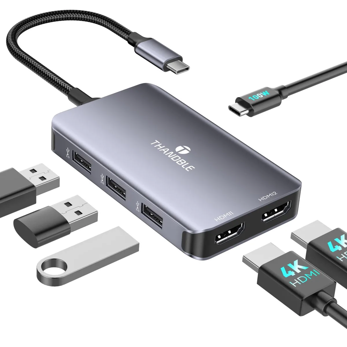  THANDBLE 6-in-1 USB-C Dual HDMI Docking Station Gray — product photo