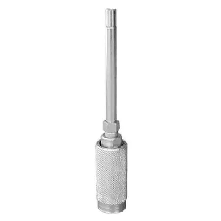 Grey metal quick-disconnect grease adapter with cup-shaped tip and locking sleeve
