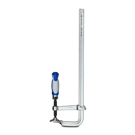Silver steel F-style bar clamp with foldable ergonomic handle and swivel pad