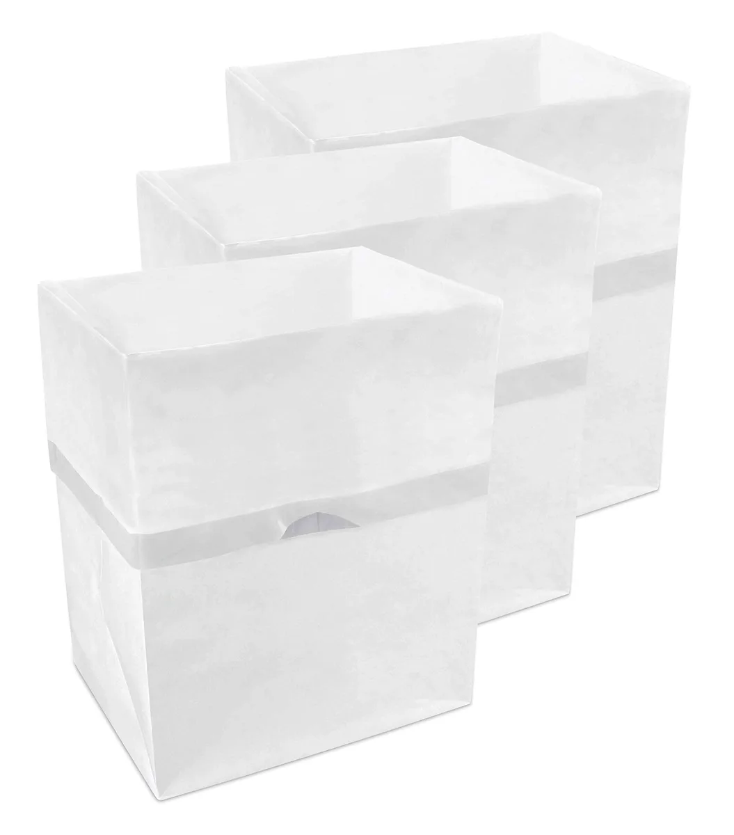 Twelve white pop-up paper bins, flat-packed, 13 by 10 by 1 inches