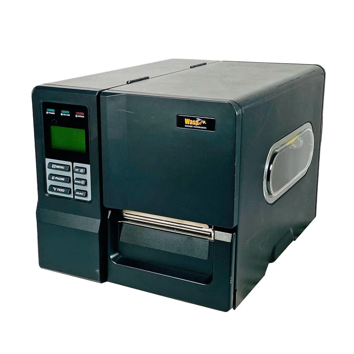Grey industrial barcode label printer with front media window and control panel