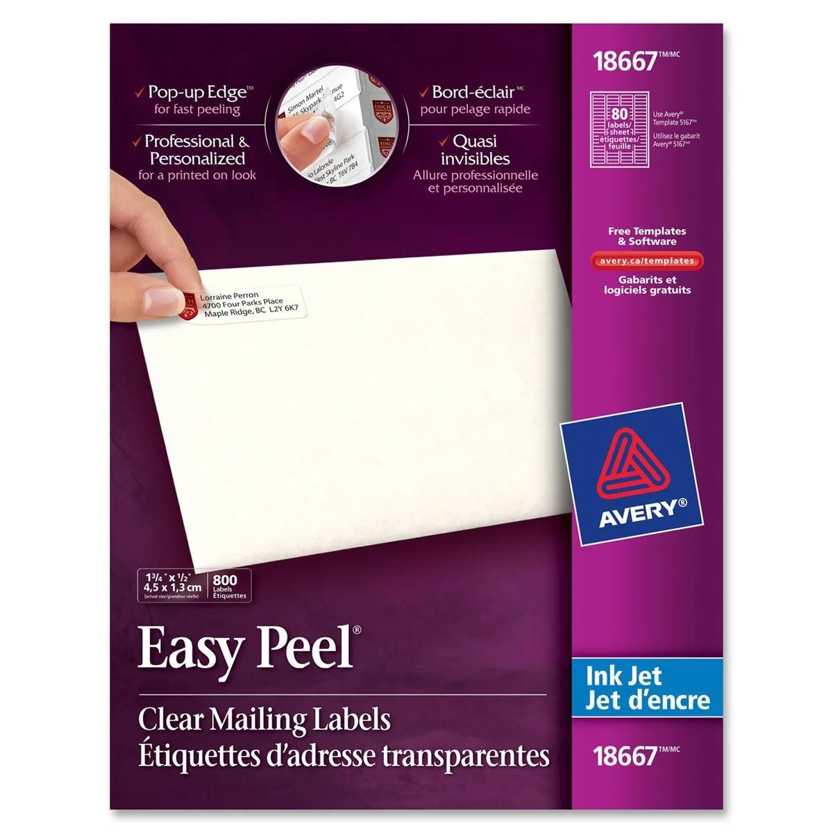 Avery Avery 18667 Clear Easy Peel Mailing Labels 800 labels 10 sheets — product photo