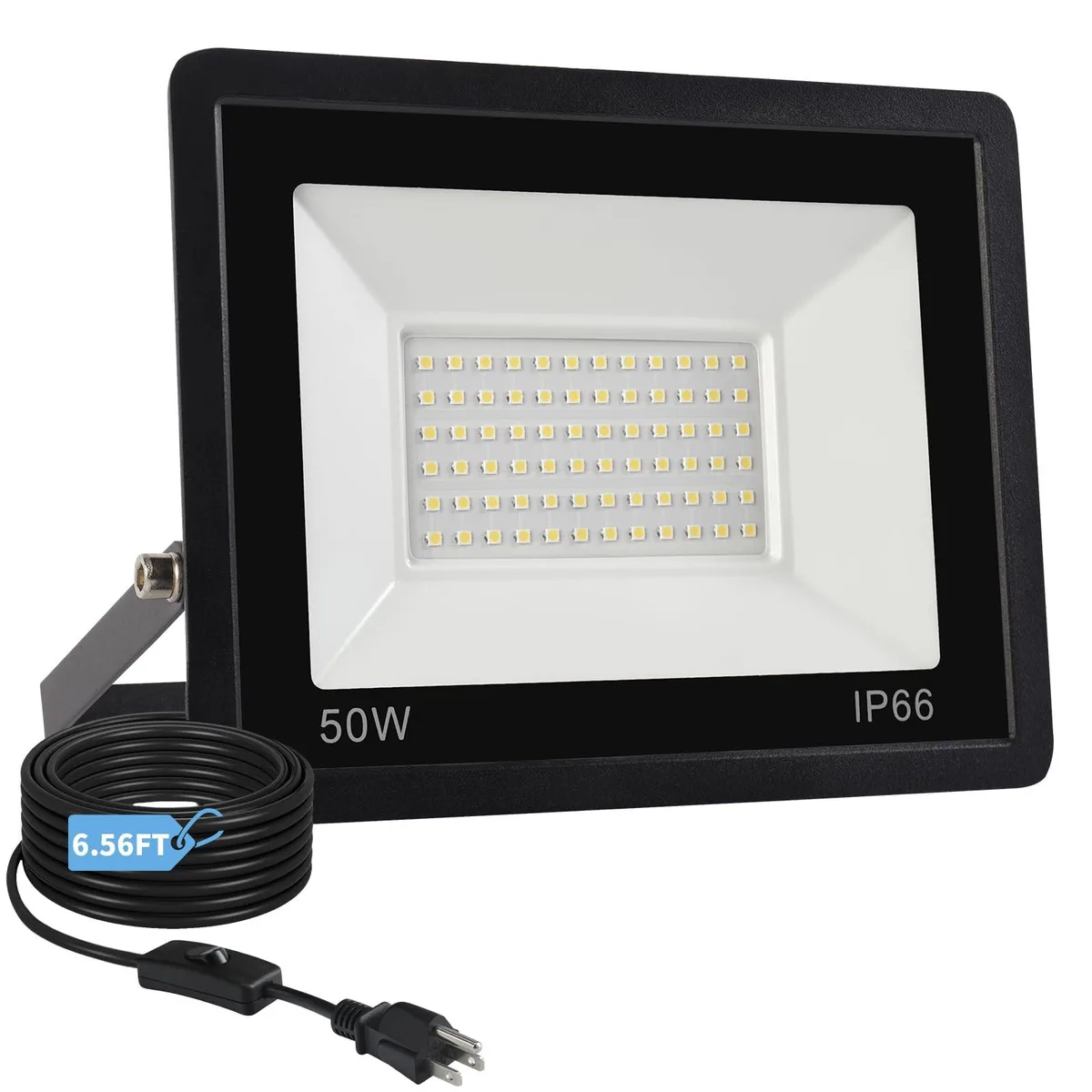 Rectangular aluminium floodlight with glass lens, built-in switch and 6.5FT cord